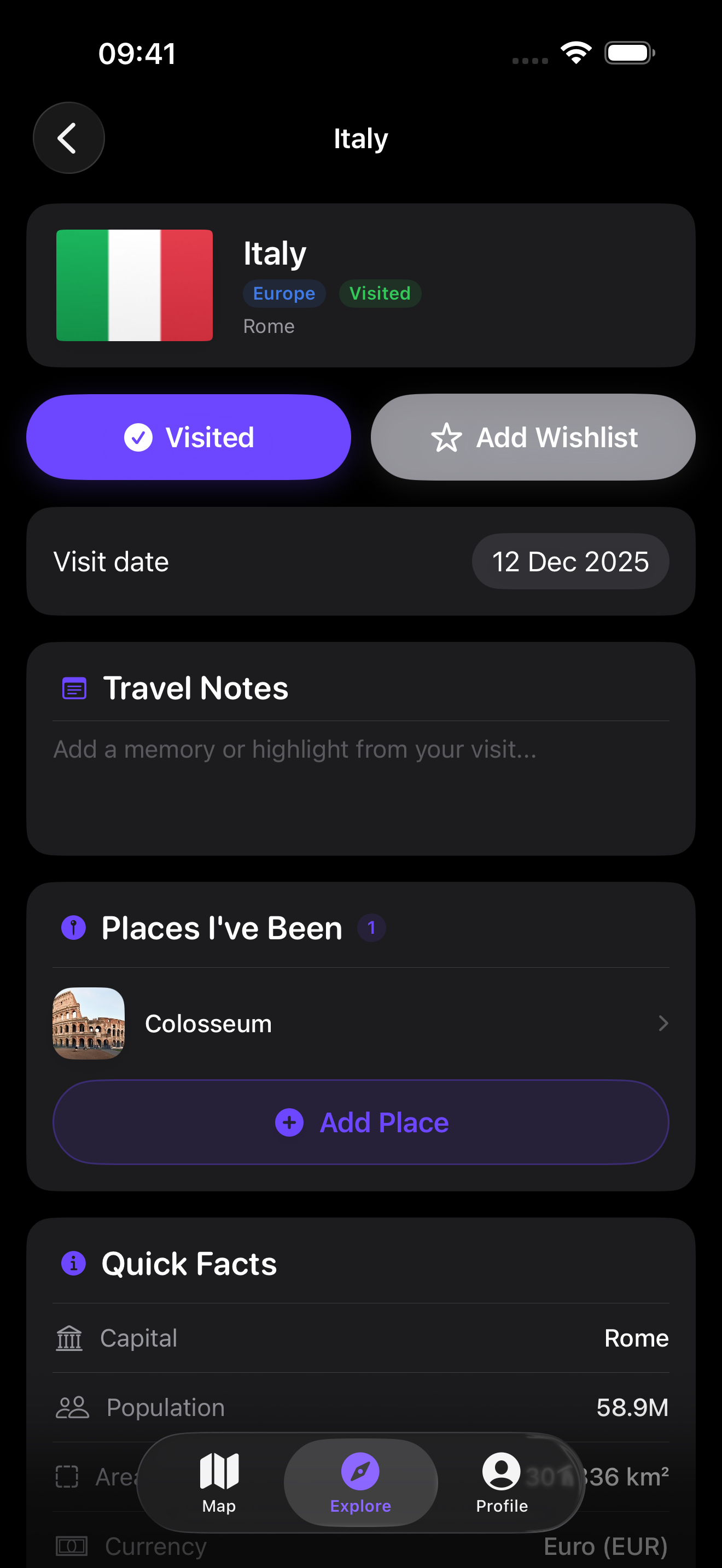 Country detail with places