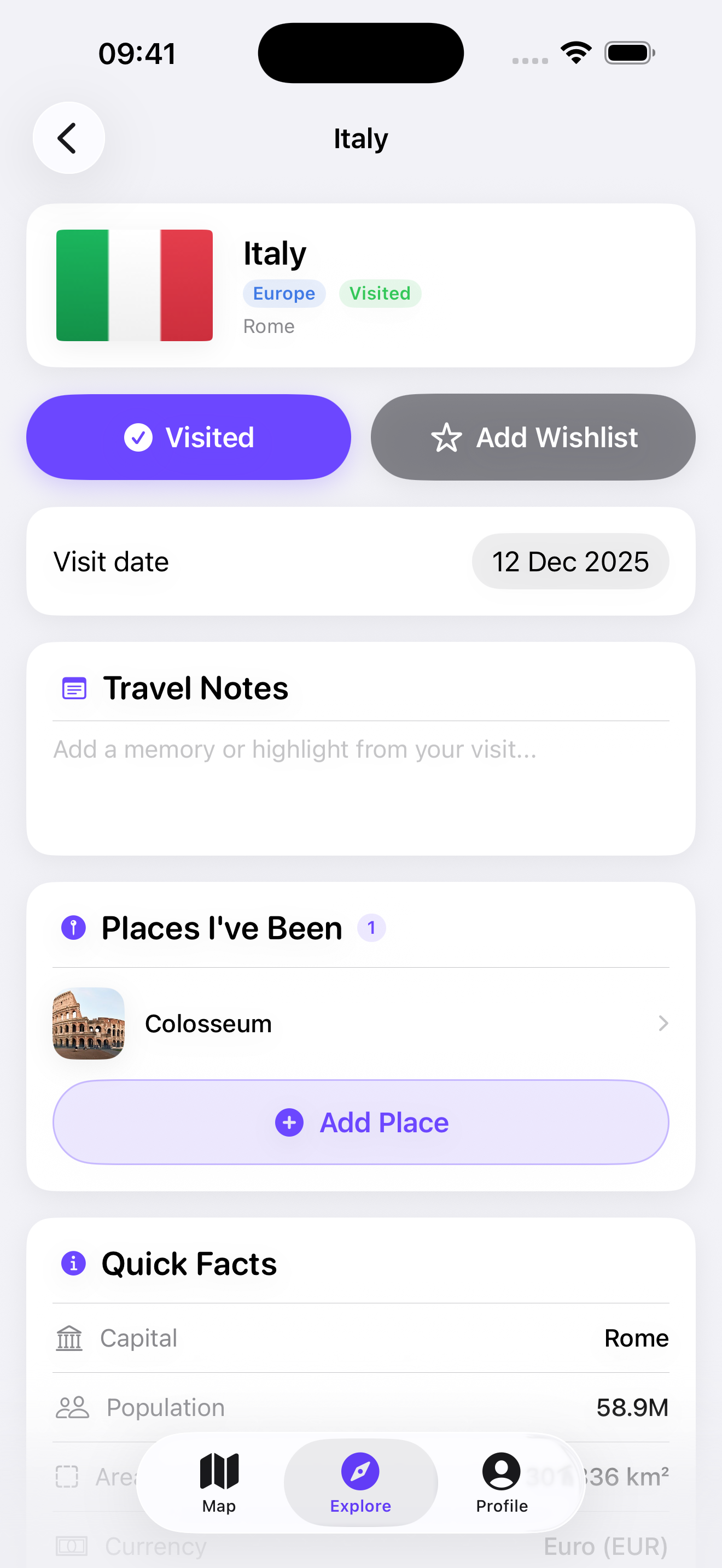 Country detail with places