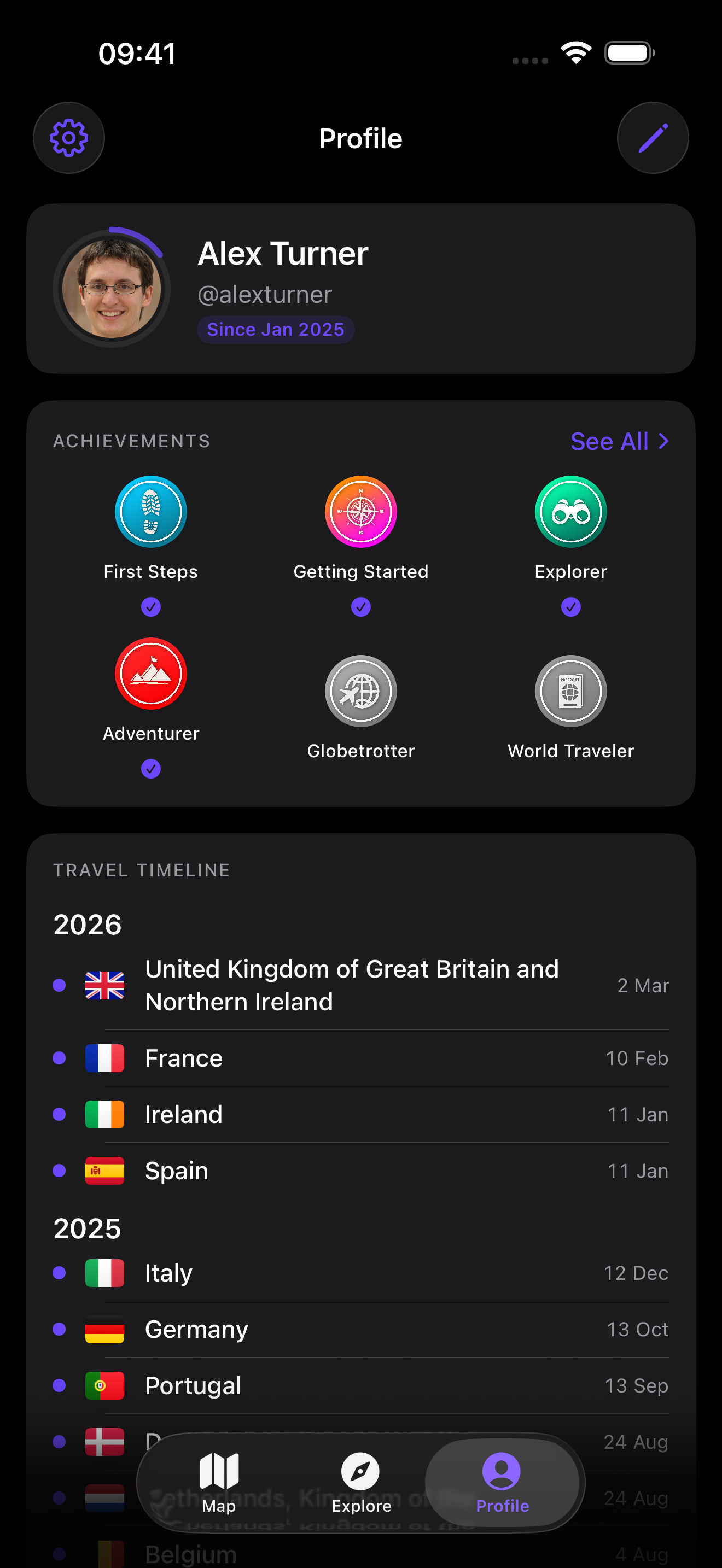 Profile with achievements