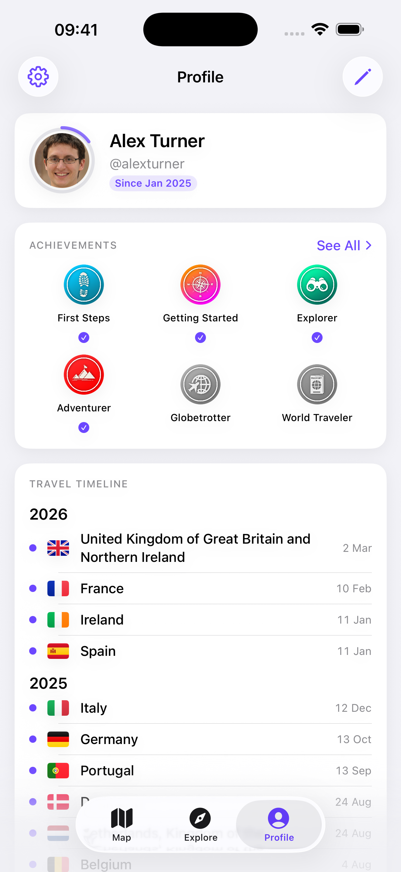 Profile with achievements